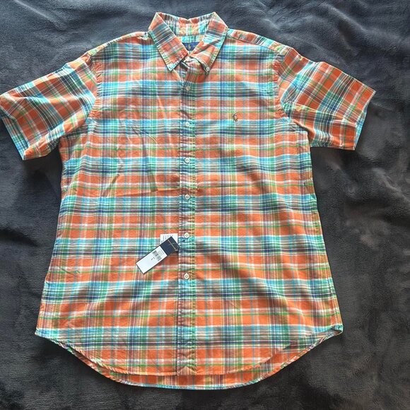 Ralph Lauren Oxford Plaid Shirt L Orange Green Blue Short Sleeve Cotton - Picture 2 of 9
